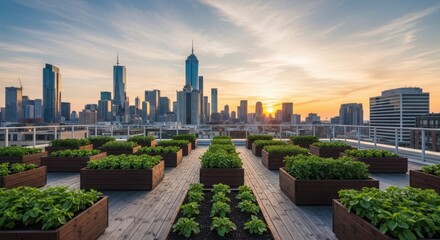 Fototapeta premium Urban rooftop garden with lush greenery and city skyline at sunset, showcasing sustainable urban agriculture.