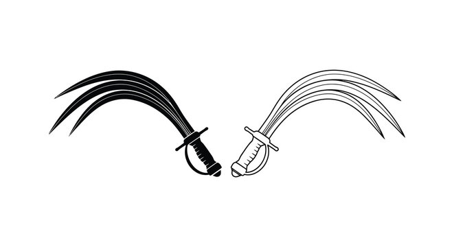 Two curved swords one black and one white presented as a striking silhouette