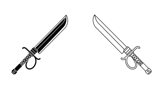 Two japanese swords a katana and wakizashi in black outline silhouette