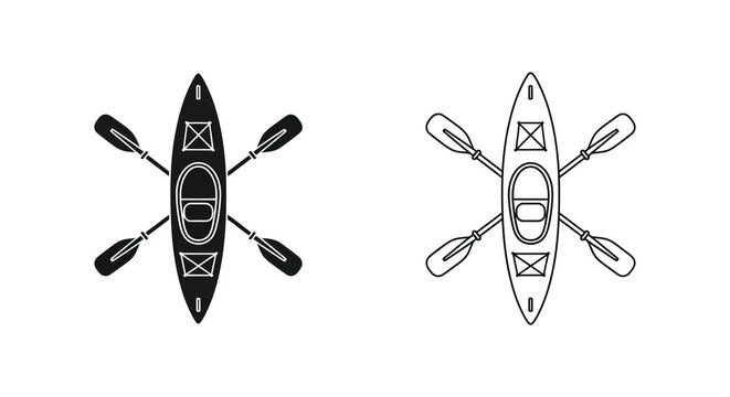 Two kayak outlines with paddles a black and white graphic illustration silhouette