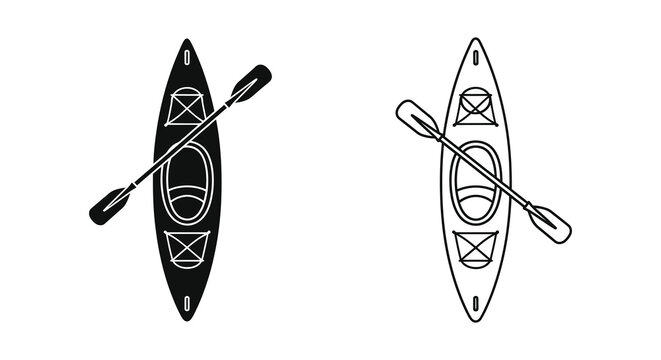 Two kayak outlines a filled and a line drawing presented in a minimalist silhouette