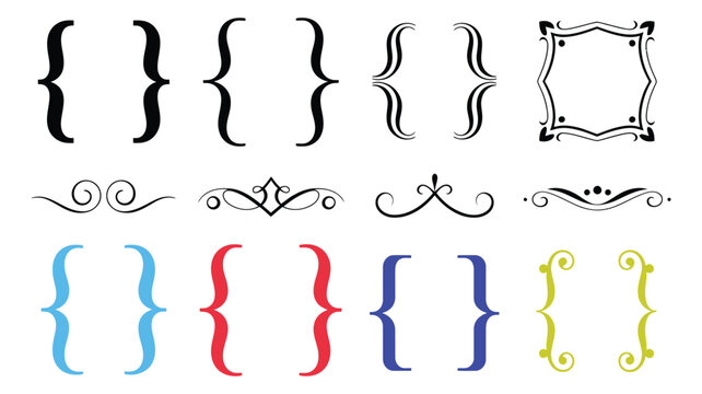 Ornate Vintage Brackets and Flourishes Collection, Decorative Frame Elements in Black, Red and Blue, Classic Victorian Style Design Set, Elegant Scroll Ornaments, Vector Illustration