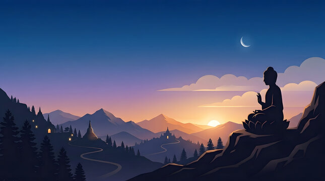 Peaceful Vesak Day background with Buddha meditating on mountain landscape at sunset. Spiritual Buddhist banner representing enlightenment, harmony, and meditation.