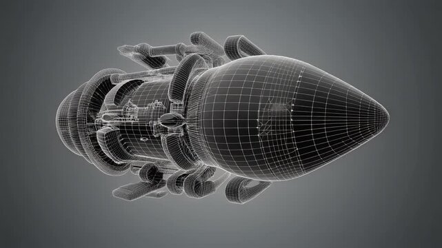3D wireframe jet engine model, symbolizing aerospace engineering, propulsion systems, and technical visualization.
