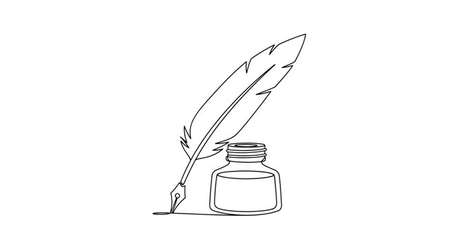 One continuous line drawing of a quill pen and inkwell