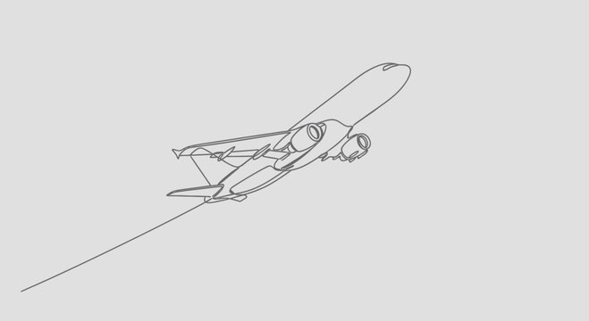 Minimalist line art of a four-engine jet aircraft ascending