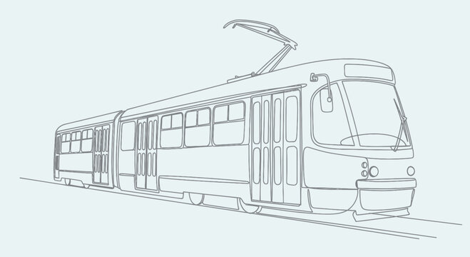 A simplified line drawing of a modern, articulated tram on tracks
