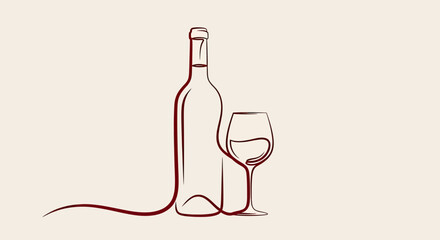 Elegant line art of a wine bottle and glass on a minimalist background © STwul