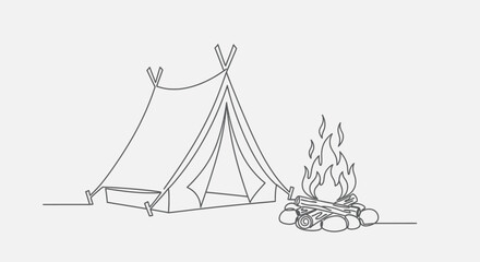 Minimalist camping scene a teepee tent and a crackling bonfire © STwul