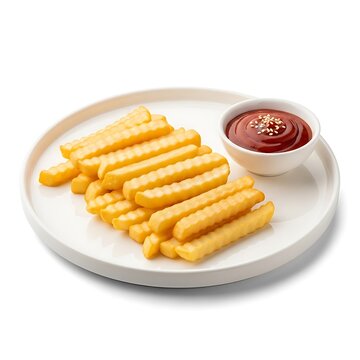 Golden French Fries on White Plate with Ketchup