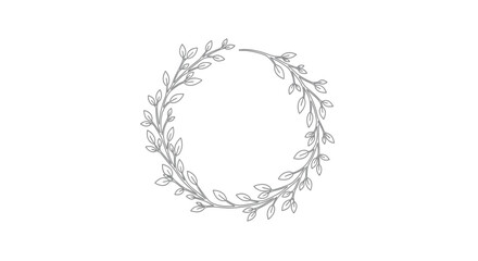 Delicate grey line art of a circular wreath made of leaves and branches © STwul