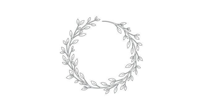 Delicate grey line art of a circular wreath made of leaves and branches
