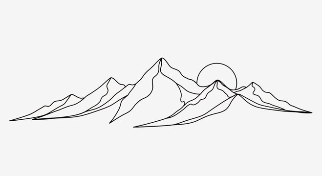 Minimalist black line art depicts a serene mountain range with a circular sun peeking from behind