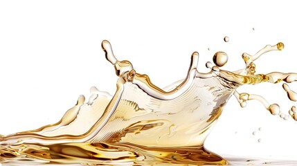 Fototapeta premium Close-up shot of a dynamic splash of oily liquid, fully isolated on a clean white background, highlighting the smooth texture, glossy surface, and transparent fluid movement. The high-definition detai