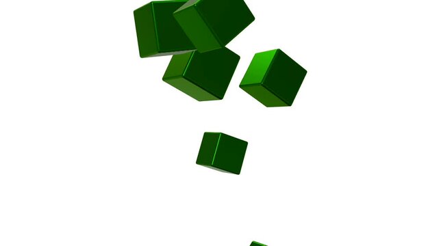 3d green cubes falling down on white background video