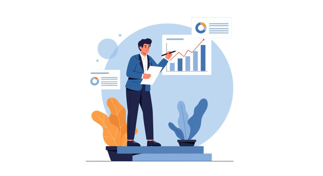 A stylized vector illustration depicts a man presenting a financial report with bar graphs and line charts, set against a clean white background, conveying a business tax concept