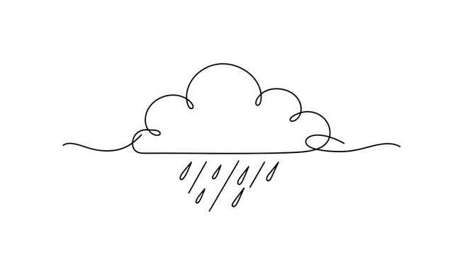 Minimalist black line drawing of a rain cloud with falling raindrops