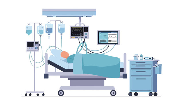 Intensive care unit with patient on life support, medical equipment, hospital bed, and monitors