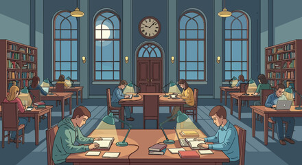 Pixel Art Library Interior: Students Studying at Desks Under Moonlight © Irman