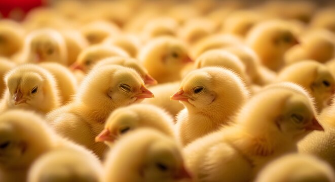 Warm close‑up of a tightly packed flock of fluffy yellow chicks huddled together in a brooder, their tiny beaks and soft down catching the light, illustrating the delicate early days of life on a poul