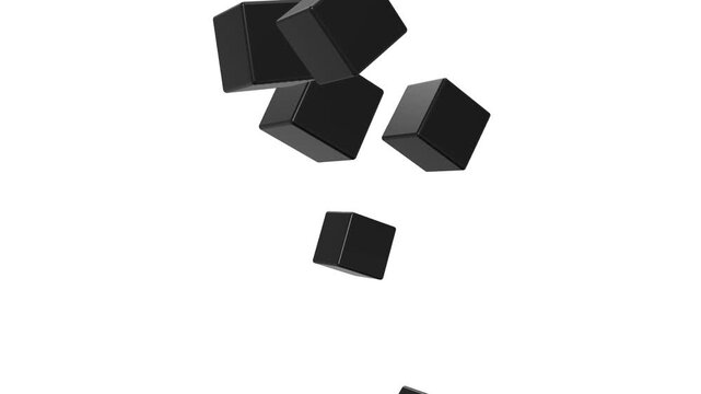 3d black cubes falling down on white background video