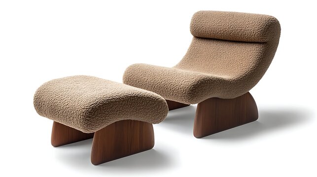 A curved lounge chair with plush fabric and a matching ottoman 