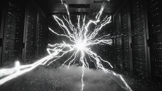 Dramatic Computer Server Room Scene with Lightning and Electrical Surge in Black and White