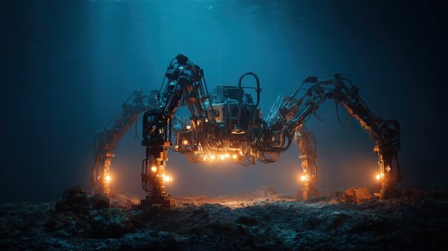 Autonomous hexapod salvage drone crawling seabed, glowing thrusters illuminate rusted wreck and scattered debris mechanical arms probe hull, sensors scan bioluminescent fauna, cinematic blue lighting