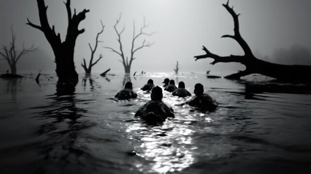Mysterious group of ducks swimming in murky water with dead trees in a foggy landscape creating an eerie atmosphere.