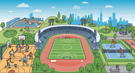Diverse Sports Complex with Stadium, Pool, Tennis, Basketball Courts in City Park © Rizal