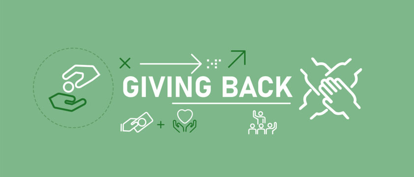 Giving back banner charity icons community support donation social responsibility helping hands symbols on green background corporate social responsibility philanthropy