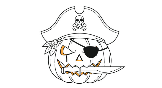 Fun Halloween line art of a pirate-themed pumpkin wearing a hat with a skull and holding a knife in its mouth.