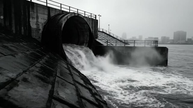 Dramatic monochrome footage of water gushing from a large industrial pipe into a body of water in a city setting.