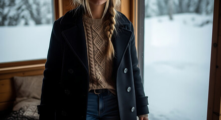Obraz premium Woman in black coat and cable knit sweater standing indoors with snowy background visible outside window ai generated