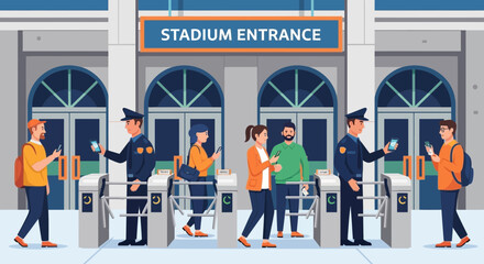 People entering stadium through turnstiles at entrance with security guards checking tickets © Bakul