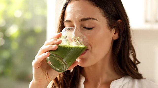 A radiant woman deeply enjoying a vibrant green smoothie, symbolizing healthy living, natural nutrition, and a commitment to personal well-being