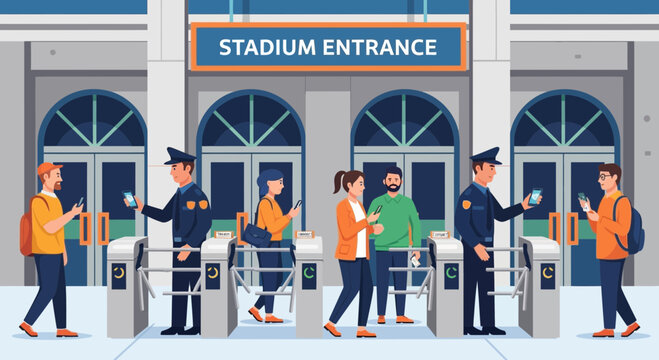 People entering stadium through turnstiles at entrance with security guards checking tickets