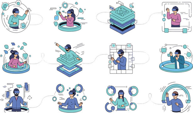 People Working with Digital Data Systems and Network Technology Concepts in Modern Flat Cartoon Style Illustration Set for Business and Innovation.