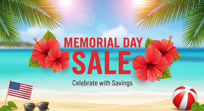 Memorial day sale advertisement with tropical beach and patriotic elements