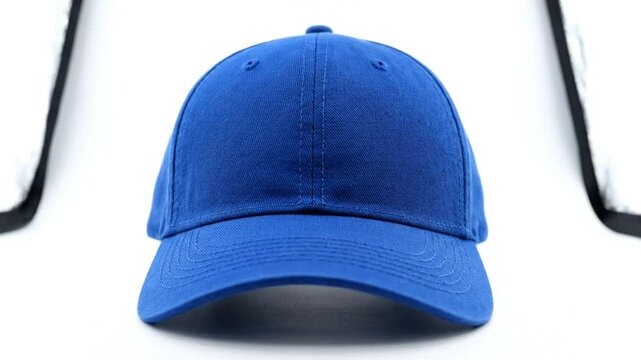 Front view of a plain blue baseball cap against a bright white background for apparel advertising