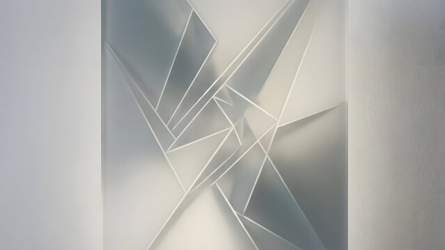 An abstract geometric composition featuring sharp intersecting white lines and planes creating a dynamic multidimensional design with subtle grey
