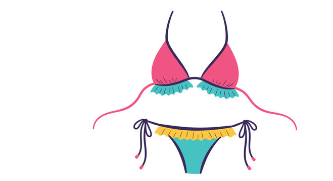 Vibrant pink and blue bikini set with ruffles and ties isolated on a plain white background for summer themes.