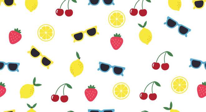 Summer fruit vector pattern with lemons, cherries, strawberries, and sunglasses on white background