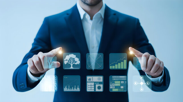 Professional man touching transparent glass screen with environmental conservation icons featuring trees nature data and growth charts in modern office.