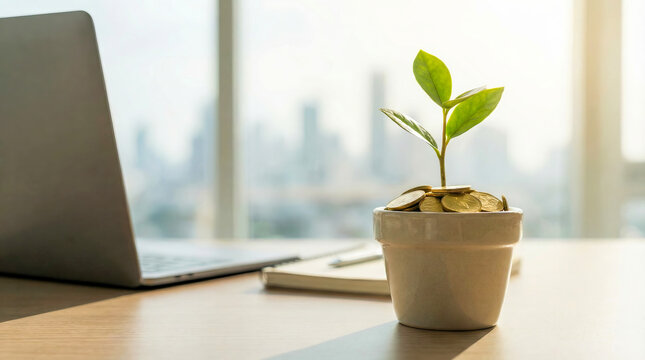Green plant growing out of coins in ceramic pot