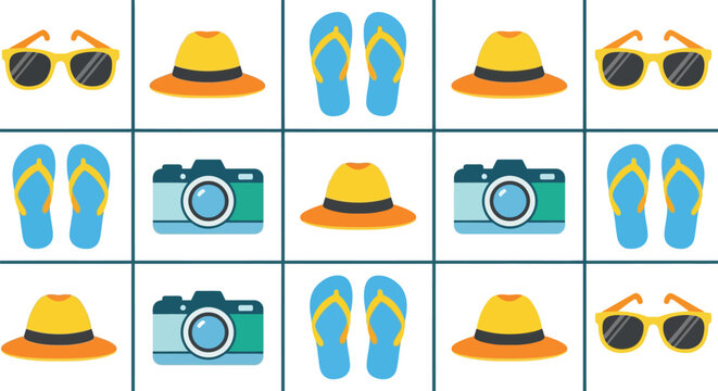 Summer vacation seamless vector pattern with hats, flip flops, sunglasses, and cameras
