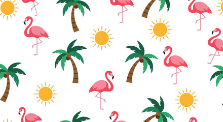 Tropical flamingo vector pattern with palm trees and sun seamless summer background © azad