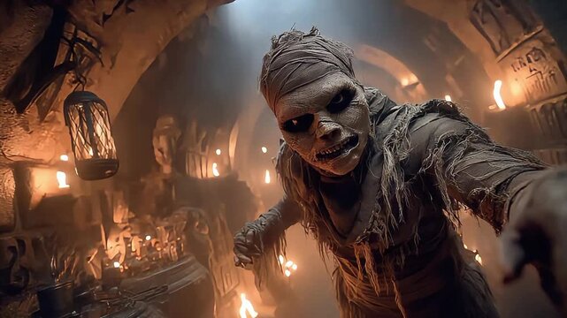 A spooky and intriguing image of a mummy reaching towards the viewer, creating a sense of suspense and mystery. Great for Halloween marketing or fanta