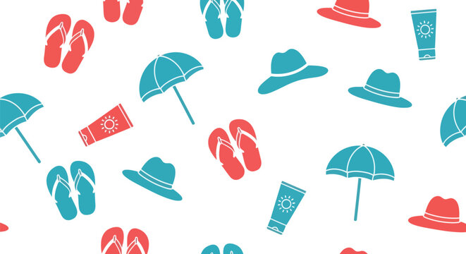Summer beach accessories seamless vector pattern with hats umbrellas flip flops and sunscreen