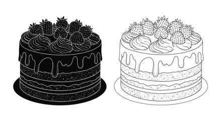 Two black and white illustrations of layered strawberry cakes on stands © msunny93